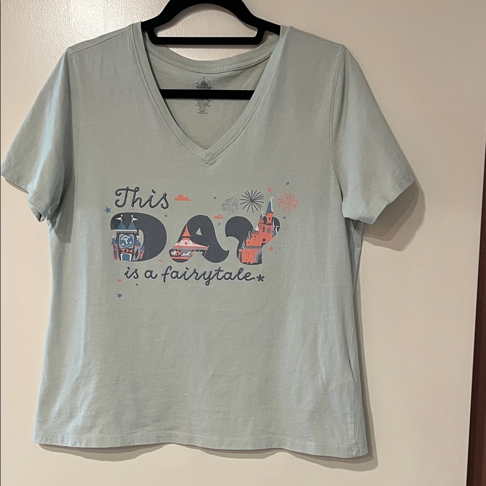 Disney pale green V-Neck Tee with Castle Logo - “This day is a fairytale”